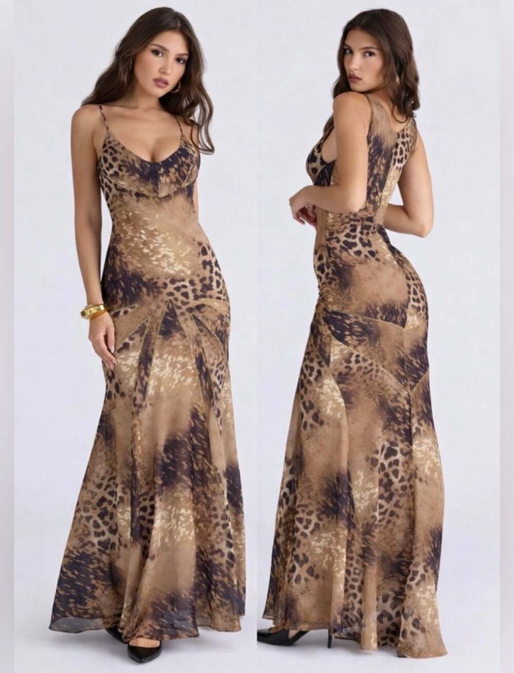 House of CB Sacha Leopard Print Georgette Panelled Maxi Dress Size S